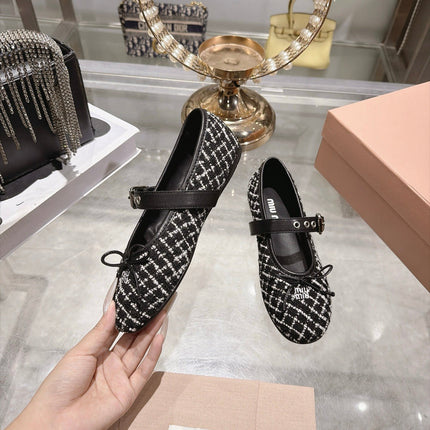 MIUMIU 26S MARY JANE FLATS IN BLACK AND WHITE TWEED FABRIC