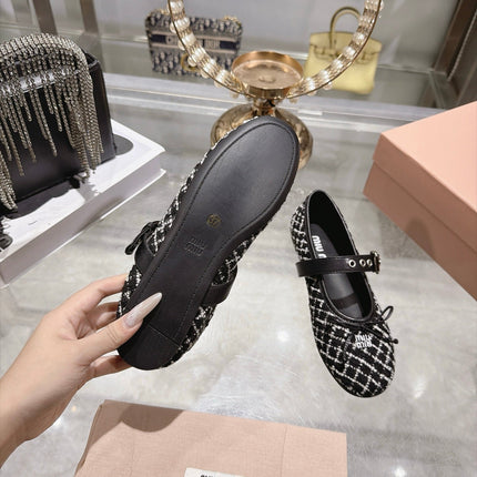 MIUMIU 26S MARY JANE FLATS IN BLACK AND WHITE TWEED FABRIC