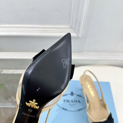 PRADA 26S POINTED-TOE SLINGBACK HEELS 75MM IN BEIGE MESH WITH BLACK BOW