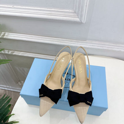 PRADA 26S POINTED-TOE SLINGBACK HEELS 75MM IN BEIGE MESH WITH BLACK BOW