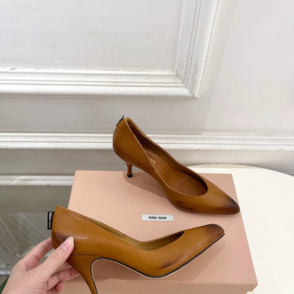 MIUMIU 26S POINTED TOE HIGH HEELS 85MM IN BROWN COGNAC CALFSKIN