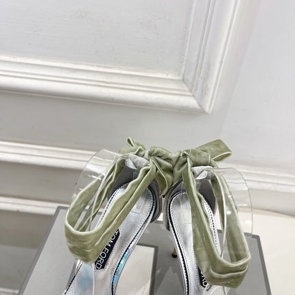 TOM FORD 26S HIGH-HEELED SANDALS 105 MM IN LIGHT GREEN FABRIC AND SILVER CALFSKIN