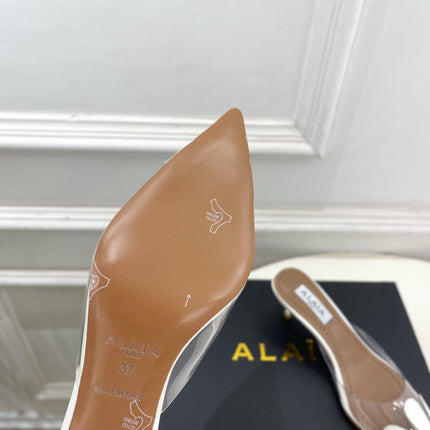 ALAIA 26S MULE HEELS 55 MM IN WHITE LAMBSKIN AND TRANSPARENT PVC