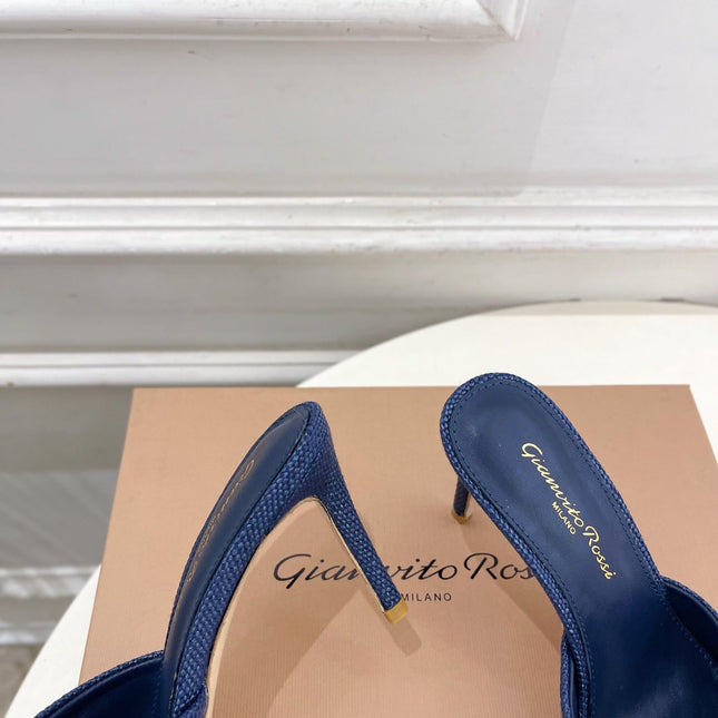 GIANVITO ROSSI 26S HIGH-HEEL SANDALS 80 MM IN NAVY BLUE WOVEN FABRIC