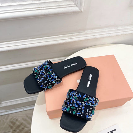MIUMIU 26S SLIDES IN BLACK SATIN CRYSTAL EMBELLISHED