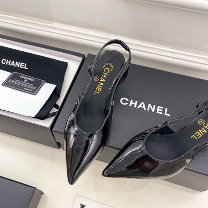 CHANEL 26S POINTED TOE HIGH HEELS 55 MM IN BLACK PATENT LAMBSKIN