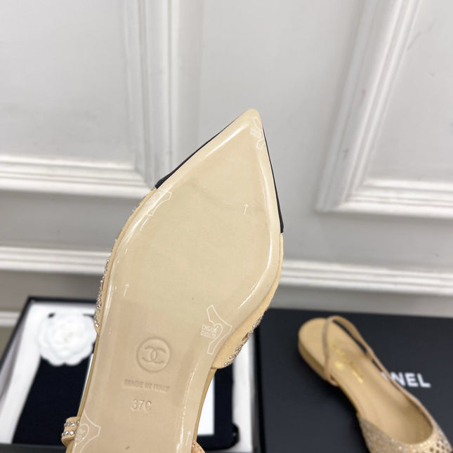CHANEL 26S FLAT POINTED TOE SLINGBACK IN BEIGE MESH WITH BLACK TOE CAP