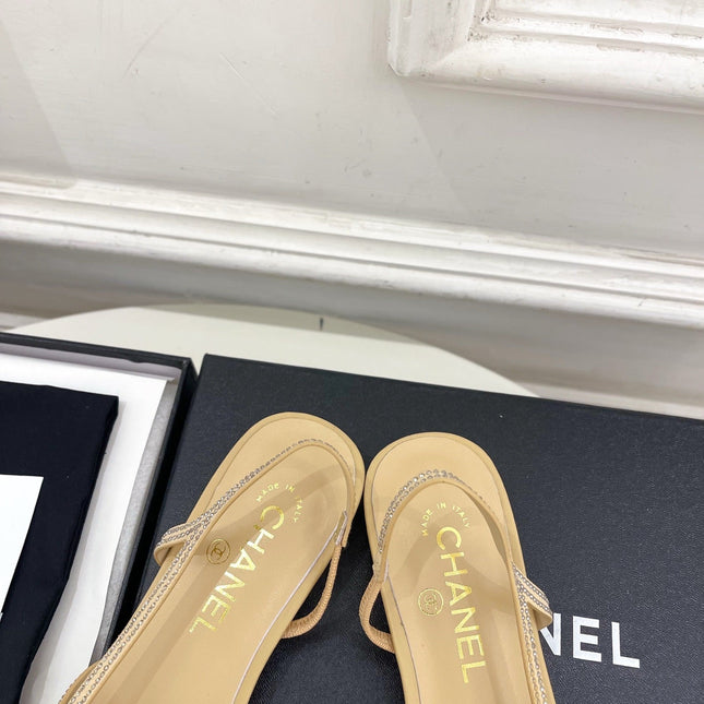 CHANEL 26S FLAT POINTED TOE SLINGBACK IN BEIGE MESH WITH BLACK TOE CAP