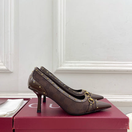 GUCCI 26S HIGH HEELS 75 MM IN DARK BROWN CANVAS GG LOGO PATTERN