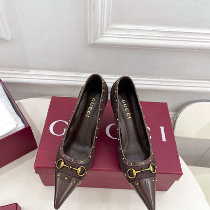 GUCCI 26S HIGH HEELS 75 MM IN DARK BROWN CANVAS GG LOGO PATTERN