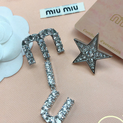 MIUMIU 26S CRYSTAL LOGO DROP EARRING AND STAR STUD EARRING SET IN SILVER TONE METAL 630843