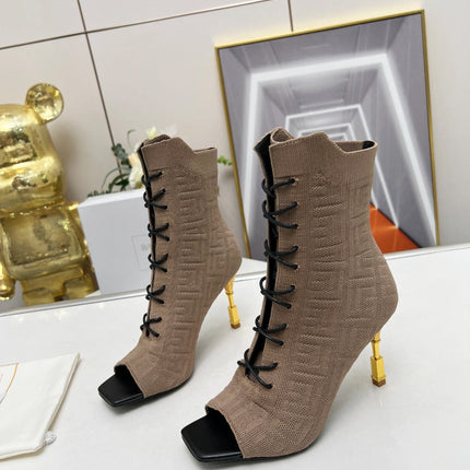 BALMAIN 26S LACE UP OPEN TOE BOOTS 95 MM IN GRAYISH BROWN FLYKNIT