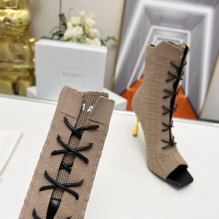 BALMAIN 26S LACE UP OPEN TOE BOOTS 95 MM IN GRAYISH BROWN FLYKNIT