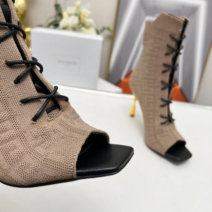 BALMAIN 26S LACE UP OPEN TOE BOOTS 95 MM IN GRAYISH BROWN FLYKNIT