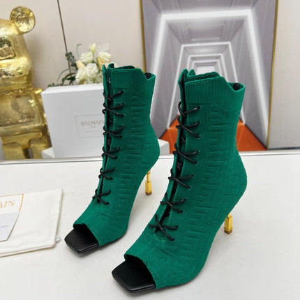 BALMAIN 26S LACE UP OPEN TOE BOOTS 95 MM IN GREEN FLYKNIT