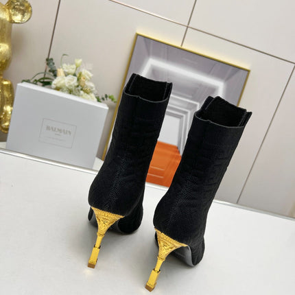 BALMAIN 26S LACE UP OPEN TOE BOOTS 95 MM IN BLACK FLYKNIT