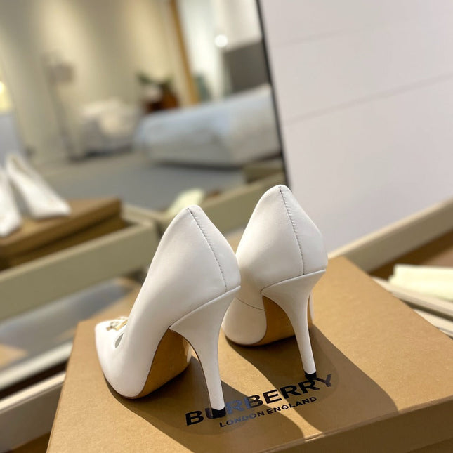 BURBERRY 26S HIGH HEELS 105 MM IN WHITE CALFSKIN WITH LOGO
