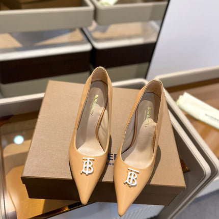 BURBERRY 26S HIGH HEELS 105 MM IN PALE BEIGE CALFSKIN WITH LOGO