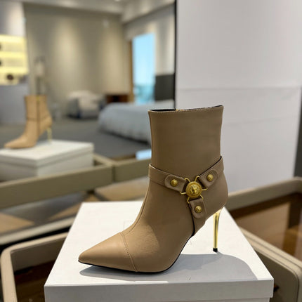 BALMAIN 26S STILETTO HEEL BOOTS 95 MM IN DARK BEIGE CALFSKIN